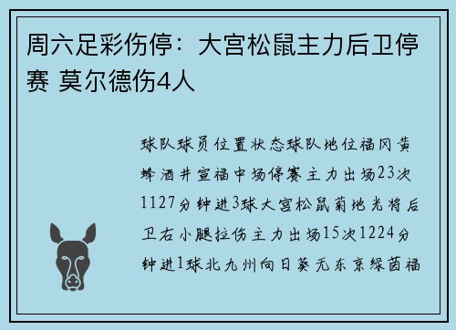 周六足彩伤停：大宫松鼠主力后卫停赛 莫尔德伤4人